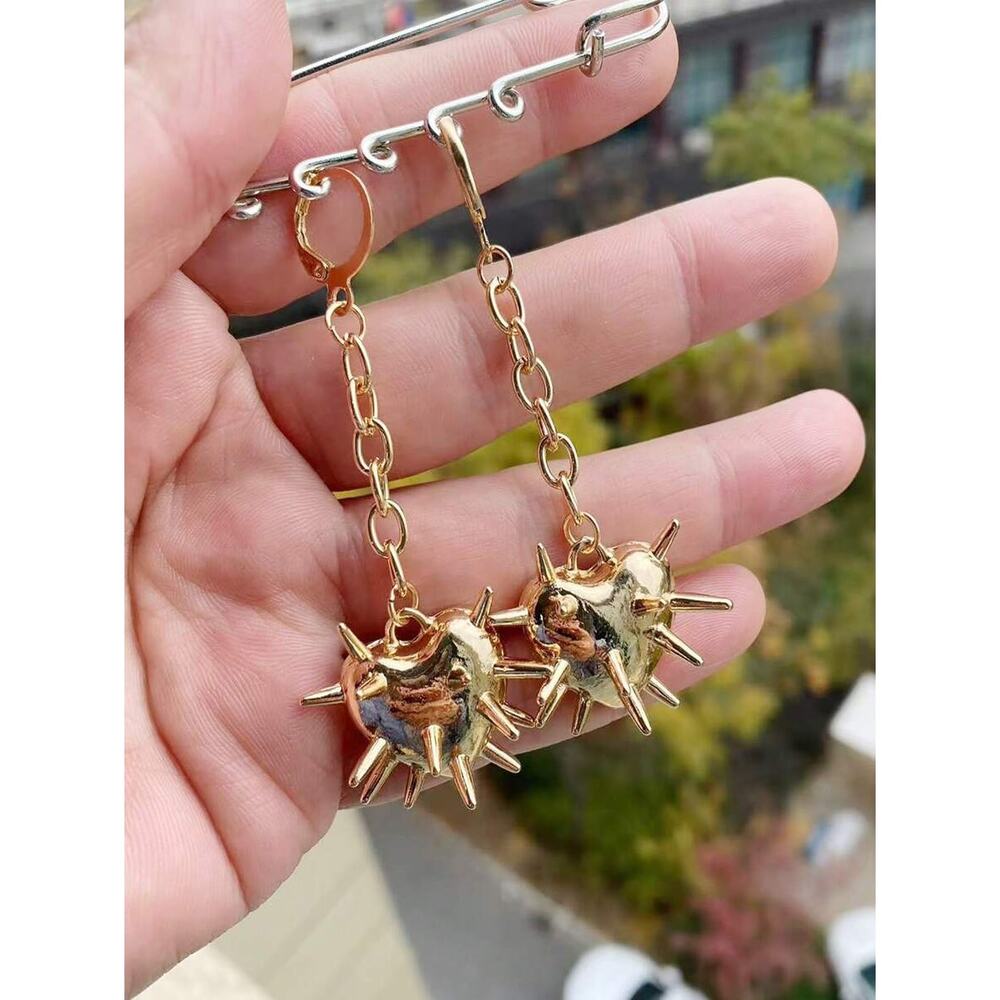 Gold Spiked Heart Drop Earrings | Punk Statement Dangle Earrings